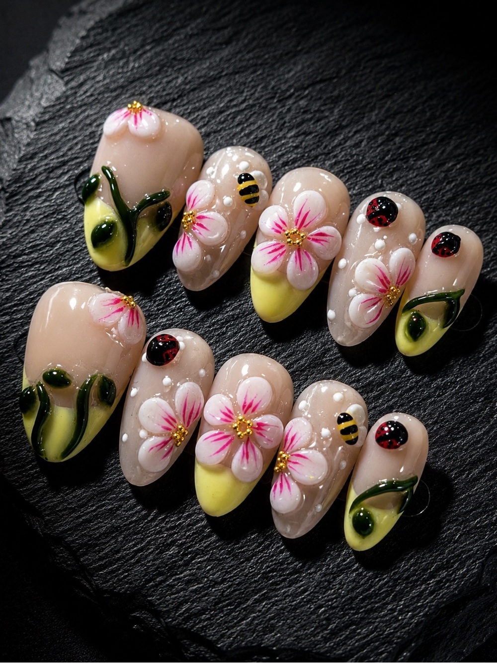 Hand-Painted Floral Press-On Nails with Bees & Ladybugs - Pink & Yellow
